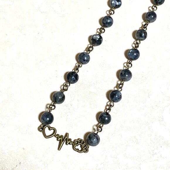 Natural Dark Larvikite Necklace, Bronze Paw Print Heart Beat + Genuine Gemstone - Picture 5 of 14